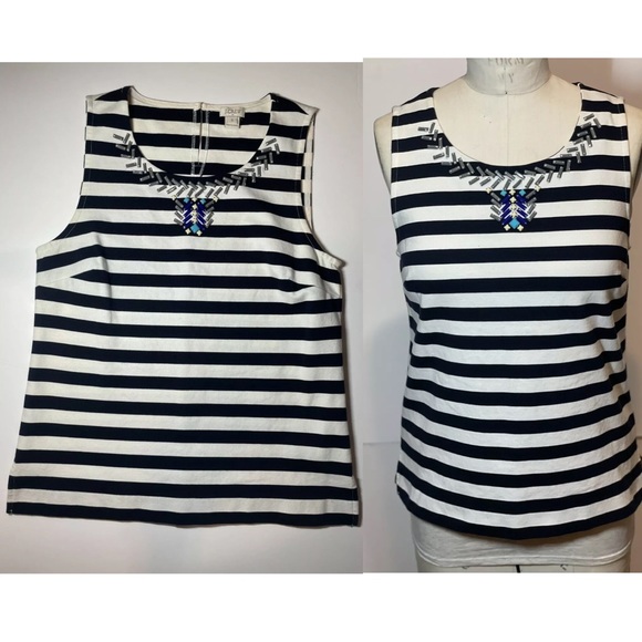 J Crew Factory Women’s Sz S Shell Top W/ Rhinestone At Neck Blue White C5979 - Picture 2 of 9